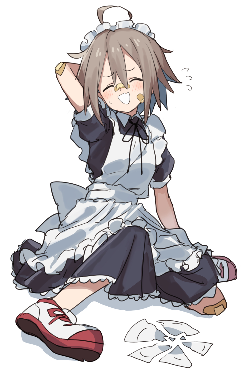 1girl ahoge arm_up bandaid bandaid_on_arm bandaid_on_face bandaid_on_knee bandaid_on_leg bandaid_on_nose black_dress black_ribbon broken_plate brown_hair closed_eyes closed_mouth commentary_request do_it_yourself!! dress fallen_down fang flying_sweatdrops gazacy_(dai) hair_between_eyes highres maid maid_headdress neck_ribbon open_mouth plate ribbon shoes short_sleeves sitting skin_fang sneakers solo white_background white_mouth yua_serufu