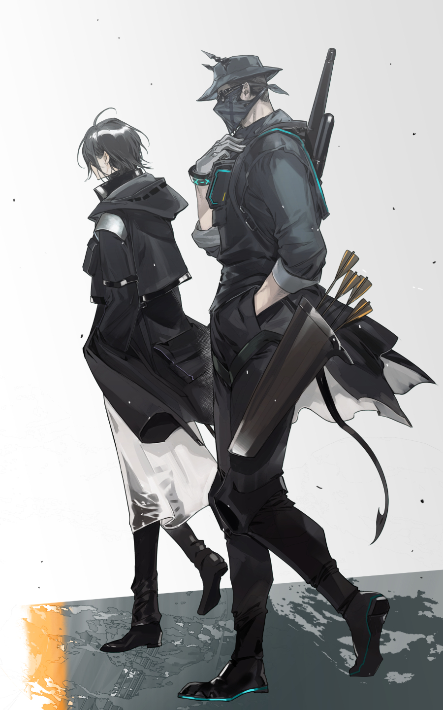 2boys air_gun arknights arrow_(projectile) black_coat black_footwear black_hair black_hat black_pants coat cow demon_horns demon_tail doctor_(arknights) full_body gloves grey_background grey_gloves gun gun_on_back hand_in_pocket hat highres hood hood_down hooded_coat horns jacket kaifei_(kaifei_29) knee_pads male_focus mask mouth_mask multiple_boys pants pouch quiver scout_(arknights) short-sleeved_jacket short_sleeves sleeves_rolled_up sunglasses tail walking weapon weapon_on_back