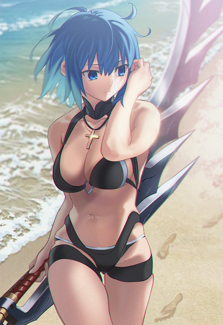 1girl alternate_costume aora bare_shoulders beach bikini black_bikini blue_eyes blue_hair breasts c.i.e.l_(fate) ciel_(tsukihime) cleavage cross cross_necklace fate/grand_order fate_(series) highres jewelry large_breasts looking_to_the_side navel necklace revision shore short_hair solo stomach swimsuit sword thigh_strap thighs tsukihime tsukihime_(remake) weapon