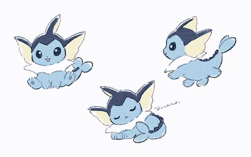 animal_focus black_eyes bright_pupils closed_eyes fins forked_tail full_body gen_1_pokemon head_fins lying nintendo no_humans pokemon pokemon_(creature) sitting smile tail vaporeon white_pupils yurano_(upao)