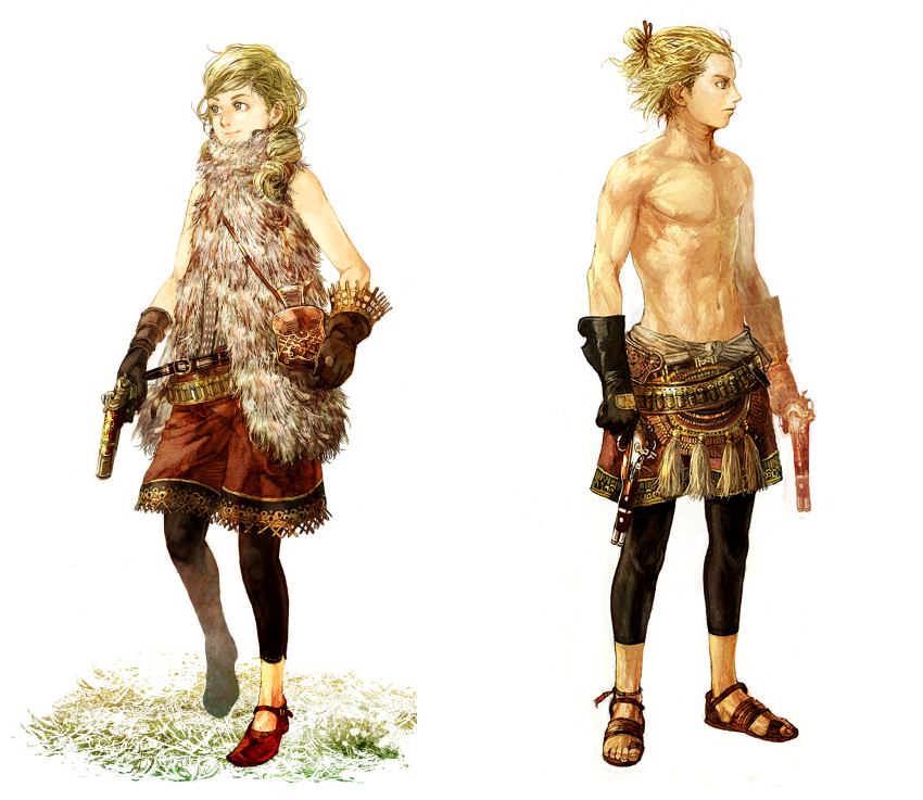 1boy 1girl abs anesaki_dynamic blonde_hair brother_and_sister fur gloves grey_eyes gun leggings long_hair muscular nipples sandals shoes short_hair siblings simple_background sleeveless topless_female weapon white_background