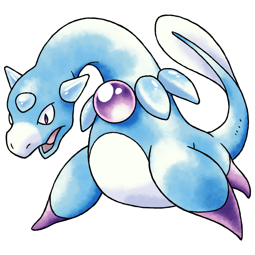 aquaria blue_gemstone blue_horns blue_skin blue_tail colored_skin derivative_work downturned_eyes forehead_jewel full_body gem horns jewelry long_neck necklace nintendo no_humans official_style open_mouth pokemon pokemon_(creature) pokemon_focus pokemon_gsc_(prototype) prototype_design raciebeep simple_background solo sugimori_ken_(style) tachi-e tadpole_tail transparent_background watercolor_effect white_tail