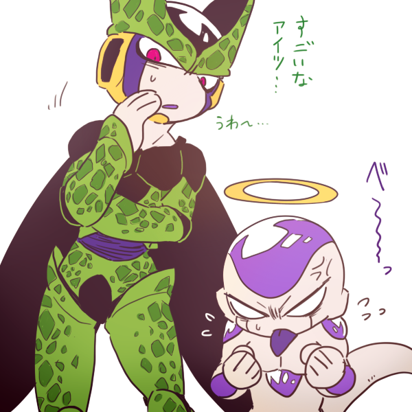 2boys alien anger_vein angry biceps black_skin black_wings cell_(dragon_ball) clenched_hands colored_skin colored_tongue commentary dragon_ball dragon_ball_super dragonball_z final_form_frieza flying_sweatdrops frieza green_skin halo hand_up hands_up height_difference leaning_to_the_side male_focus multicolored_skin multiple_boys no_pupils parted_lips perfect_cell pupiless_eyes purple_skin purple_tongue red_eyes shiny_skin simple_background smile spots sweatdrop tail tongue tongue_out translation_request upper_body whispering white_background white_skin wings yellow_skin
