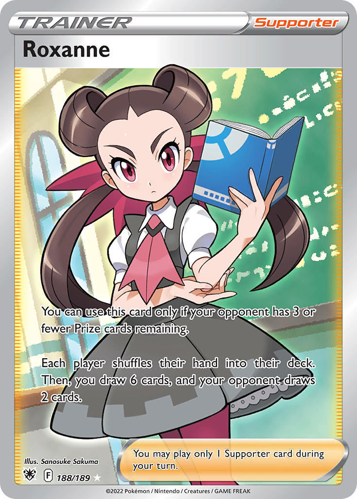 1girl artist_name blush book brown_hair card_(medium) chalkboard character_name closed_mouth company_name copyright_name copyright_notice creatures_(company) dress english_text eyelashes game_freak grey_dress hair_ribbon hand_on_own_elbow holding holding_book indoors long_hair looking_at_viewer nintendo official_art pantyhose pink_eyes pink_pantyhose pink_ribbon pokemon pokemon_card pokemon_oras pokemon_tcg ribbon roxanne_(pokemon) sakuma_sanosuke short_sleeves solo third-party_source trading_card twintails v-shaped_eyebrows window