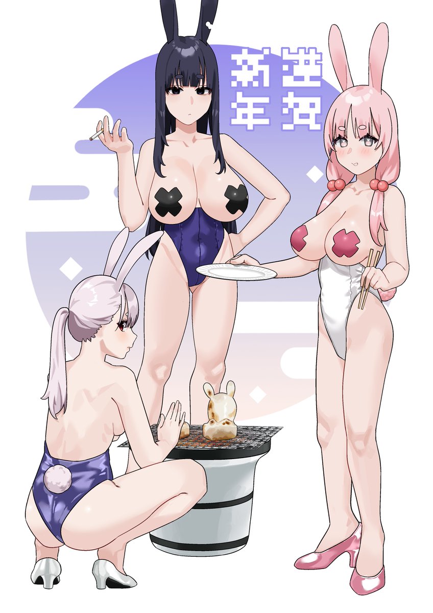 3girls animal_ears ass back black_eyes black_hair blunt_bangs blush breasts chopsticks cigarette cleavage fffukuzawa food grill hand_on_own_hip high_heels hikimayu holding holding_chopsticks large_breasts leotard looking_at_viewer mochi multiple_girls original pasties pink_hair pink_shoes playboy_bunny ponytail purple_hair rabbit_ears rabbit_girl rabbit_tail red_eyes shichirin shoes spread_legs squatting tail white_footwear