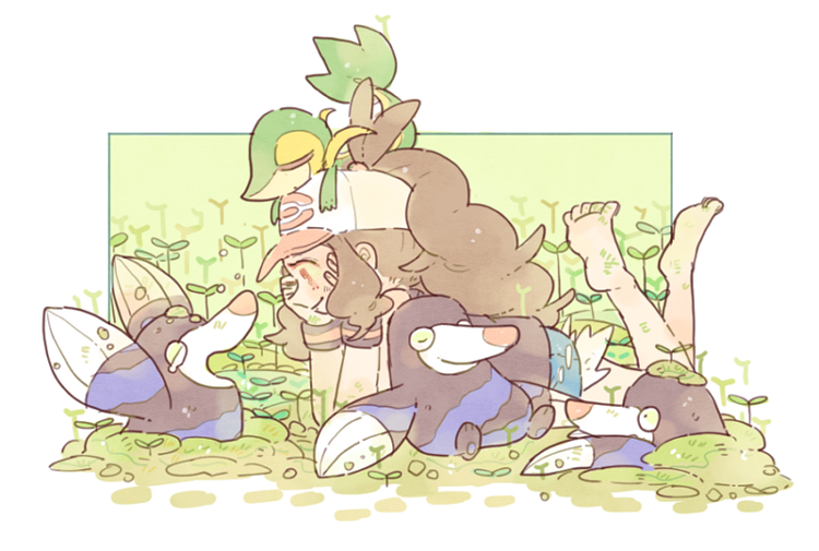 1girl antenna_hair barefoot baseball_cap blue_shorts brown_hair closed_mouth cutoffs drilbur from_side gen_5_pokemon hands_on_own_face hands_up hat hilda_(pokemon) katiko long_hair lying nintendo on_head on_stomach orange_eyes pokemon pokemon_(creature) pokemon_bw pokemon_on_head ponytail shorts sidelocks smile snivy wristband