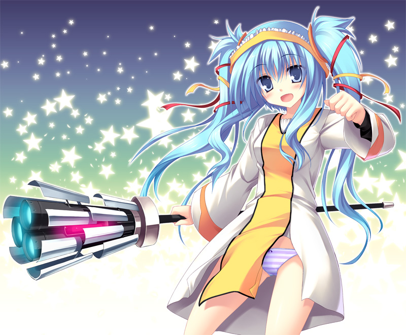 1girl blue_hair broom female_focus hair_ribbon long_hair open_mouth original panties ribbon solo star_(symbol) striped_clothes striped_panties tateha_(marvelous_grace) thrusters twintails unconventional_broom underwear