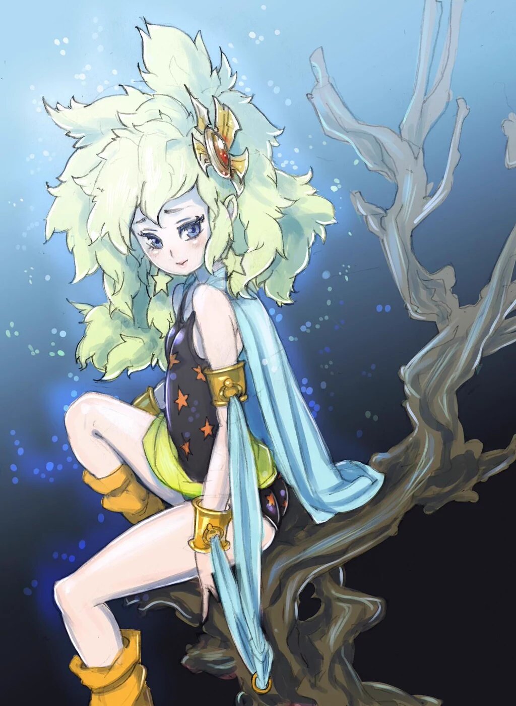 1girl ass big_hair blue_eyes breasts closed_mouth earrings feet_out_of_frame final_fantasy final_fantasy_iv green_hair hair_ornament highres jewelry kuwango leotard light_blush long_hair looking_at_viewer rydia_(ff4) solo star_(symbol) star_earrings tree