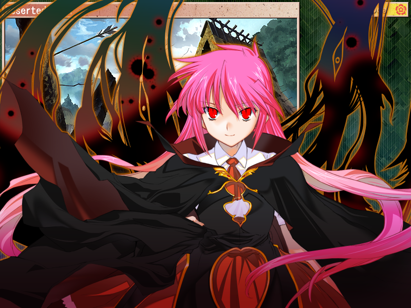 1girl alice_soft cloak demon demon_king female_focus game_over kurusu_miki magic pink_hair rance_(series) red_eyes sengoku_rance solo