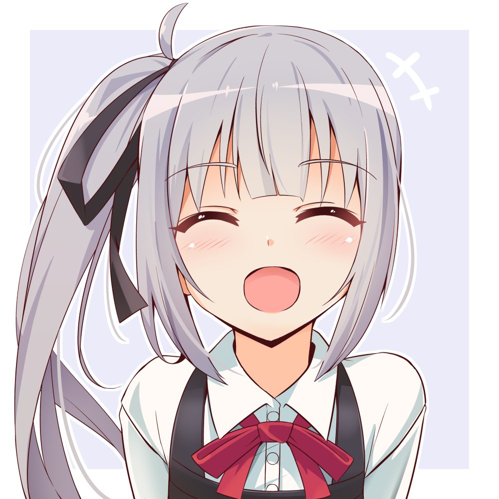 1girl black_ribbon blush commentary_request dress grey_hair hair_ribbon kantai_collection kasumi_(kancolle) long_hair long_sleeves looking_at_viewer neck_ribbon open_mouth pinafore_dress red_ribbon ribbon school_uniform shirt side_ponytail simple_background sleeveless sleeveless_dress smile solo upper_body utouto white_shirt