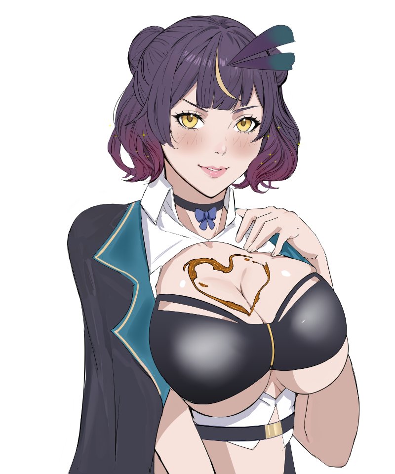 1girl alternate_hairstyle black_choker black_jacket blonde_hair blush bow bow_choker breasts chocolate chocolate_on_body chocolate_on_breasts choker commentary english_commentary feather_hair_ornament feathers food_on_body gradient_hair hair_bun hair_ornament heart jacket jamjamstyle large_breasts lips lua_asuka multicolored_hair open_clothes open_jacket production_kawaii purple_hair second-party_source side_up_bun simple_background solo sparkle streaked_hair virtual_youtuber white_background yellow_eyes