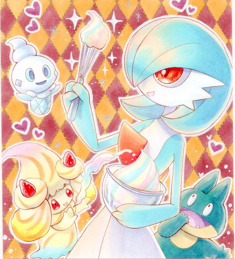 1girl alcremie alcremie_(rainbow_swirl) alcremie_(strawberry_sweet) alternate_color argyle_background argyle_clothes batter blue_eyes blue_hair blue_sclera blue_skin bob_cut bow bowl brown_eyes colored_sclera colored_skin cooking fangs female_focus flat_chest food-themed_hair_ornament gardevoir gen_3_pokemon gen_4_pokemon gen_5_pokemon gen_8_pokemon hair_ornament hair_over_one_eye hand_to_own_mouth hand_up happy heart holding holding_bowl holding_whisk looking_up mixing_bowl multicolored_background multicolored_hair multicolored_skin munchlax nintendo one_eye_covered open_mouth orange_hair outline pokemon pokemon_(creature) red_eyes shiny_pokemon short_hair smile sparkle split_mouth standing strawberry_hair_ornament streaked_hair telekinesis traditional_media two-tone_skin upper_body vanillite whisk white_outline white_skin yuka_(yukaaaaaaa0705)