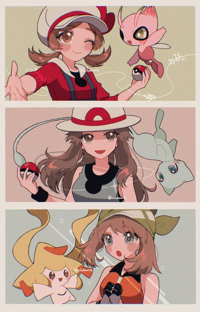 3girls :d :o ;d bandana blue_shirt brown_eyes brown_hair celebi creatures_(company) game_freak gen_1_pokemon gen_2_pokemon gen_3_pokemon gloves green_bandana grey_gloves hat holding holding_poke_ball jirachi leaf_(pokemon) legendary_pokemon long_hair lyra_(pokemon) may_(pokemon) mew_(pokemon) mikakami1e multiple_girls mythical_pokemon nintendo one_eye_closed open_mouth orange_shirt own_hands_clasped own_hands_together poke_ball pokemon pokemon_(creature) pokemon_emerald pokemon_frlg pokemon_hgss pokemon_rse red_shirt shirt signature sleeveless sleeveless_shirt smile split_screen twintails upper_body white_hat wristband
