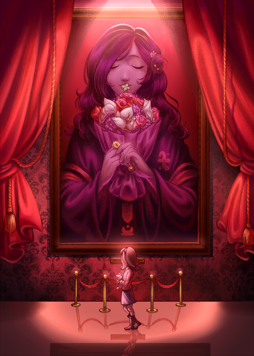 1girl aged_down alice_(alicenpai) boots bouquet closed_eyes commentary curtains english_commentary eyelashes flower full_body hair_ornament highres holding holding_bouquet holding_key holding_stuffed_toy indoors key kurashiki_akane kyokugen_dasshutsu kyokugen_dasshutsu:_9_jikan_9_nin_9_no_tobira long_hair long_sleeves picture_frame portrait_(object) reflective_floor robe shirt skirt spoilers spotlight stanchion standing stuffed_animal stuffed_toy