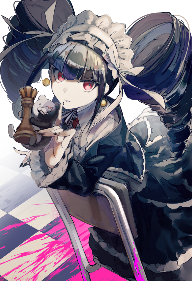 1girl black_dress black_hair black_nails bonnet celestia_ludenberg chair checkered_floor chess_piece danganronpa:_trigger_happy_havoc danganronpa_(series) dress drill_hair earrings female_focus frills gothic_lolita hairband holding jewelry lolita_fashion long_hair long_sleeves monokuma nail_polish pale_skin red_eyes ribbon solo twin_drills yuki_(popopo)