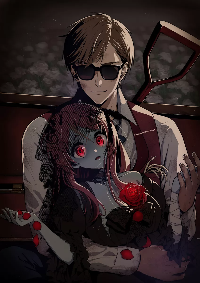 hair_ornament highres long_hair mamezomzom minamoto_sakura red_eyes red_hair shovel tagme tatsumi_koutarou zombie zombie_land_saga
