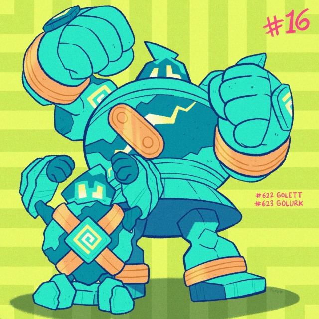 character_name clenched_hands commentary creature english_commentary full_body gen_5_pokemon golett golurk inktober looking_at_viewer nintendo no_humans pokedex_number pokemon pokemon_(creature) shadow spiral standing striped_background tonestarr yellow_eyes
