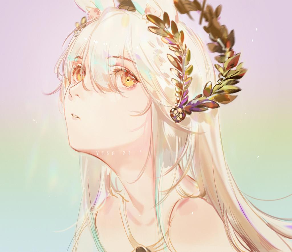 1girl animal_ear_fluff animal_ears arknights bare_shoulders blonde_hair gradient_background hair_between_eyes horse_ears laurel_crown long_hair looking_at_viewer multicolored_background official_alternate_costume parted_lips platinum_(arknights) platinum_(shimmering_dew)_(arknights) portrait solo yellow_eyes yingzi