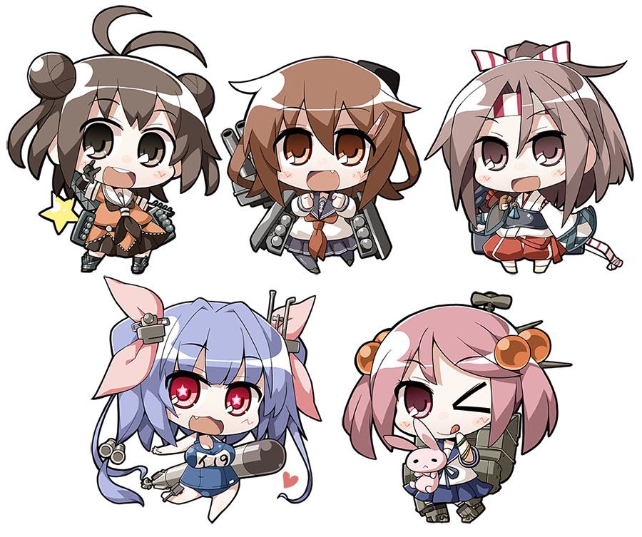 &gt;_o 10s 5girls :&lt; :3 :d :p ahoge akaneya bad_id bad_pixiv_id blue_eyes breasts brown_eyes brown_gloves brown_hair carrying carrying_under_arm chibi clenched_hands double_bun fang fingerless_gloves gloves hair_bobbles hair_bun hair_ornament hairclip headband heart i-19_(kancolle) ikazuchi_(kancolle) kantai_collection long_hair machinery medium_breasts multiple_girls naka_(kancolle) one_eye_closed open_mouth pantyhose ponytail rabbit sazanami_(kancolle) school_swimsuit school_uniform serafuku short_hair simple_background single_hair_bun smile star-shaped_pupils star_(symbol) swimsuit symbol-shaped_pupils tongue tongue_out torpedo twintails v white_background zuihou_(kancolle)