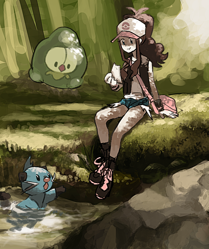 10s 1girl bad_id bad_tumblr_id bag baseball_cap blue_eyes boots denim denim_shorts dewott duosion eating food forest gen_5_pokemon grass hat hilda_(pokemon) long_hair nature nintendo pokemon pokemon_(creature) pokemon_bw ponytail river sandwich sanigo shorts sitting swimming tree water