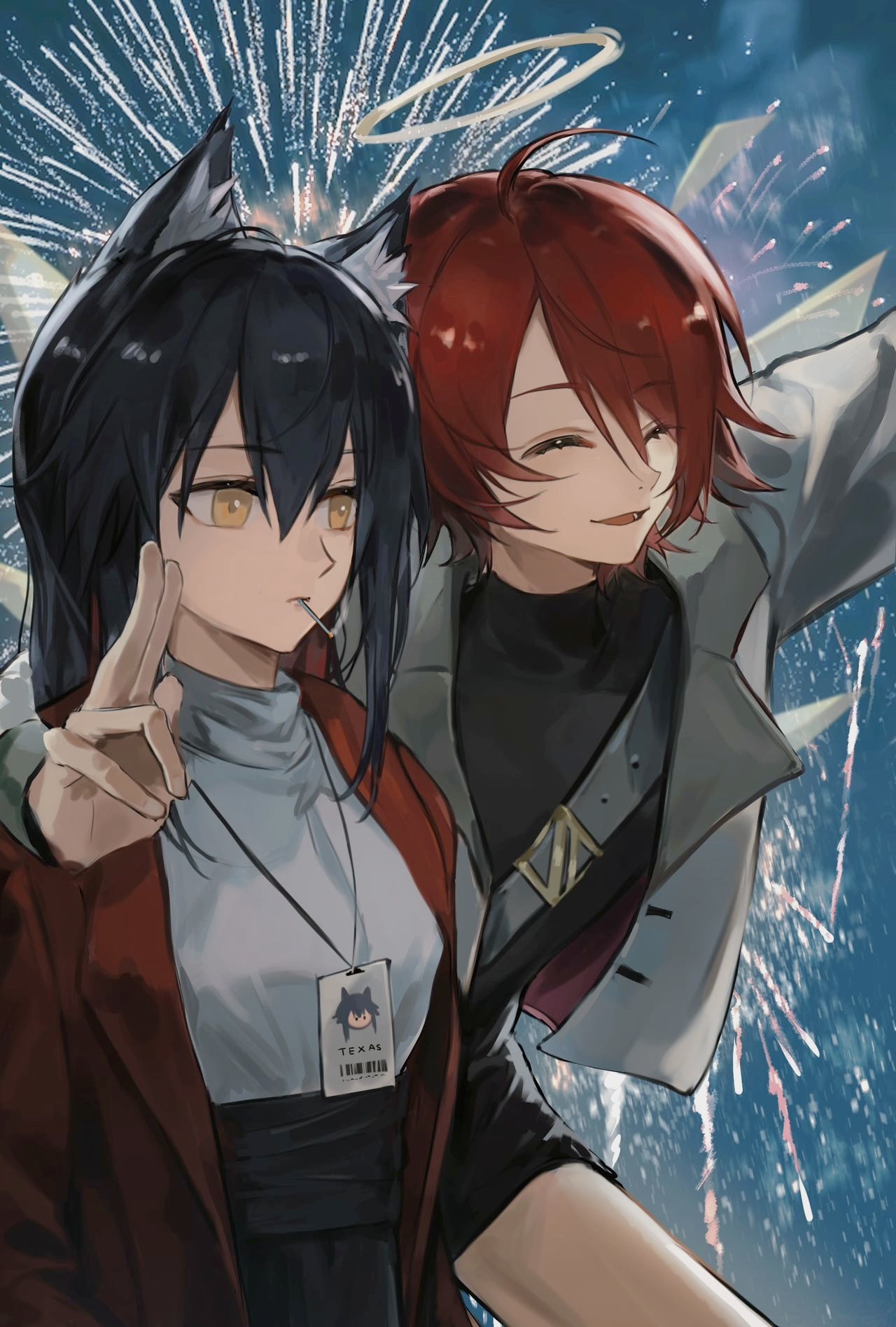 2girls ^_^ aerial_fireworks animal_ear_fluff animal_ears arknights bai_hai_kong_lu belt belt_buckle black_belt black_hair black_shirt blazer buckle character_name chinese_commentary cigarette closed_eyes commentary_request exusiai_(arknights) fireworks grey_halo grey_jacket grey_shirt hair_between_eyes halo highres jacket lanyard lapels long_sleeves looking_ahead medium_hair mouth_hold multiple_girls red_hair red_jacket shirt short_hair shoulder_belt smile smoke smoking t-shirt taking_picture texas_(arknights) traditional_halo turtleneck turtleneck_shirt w wolf_ears wolf_girl yellow_eyes