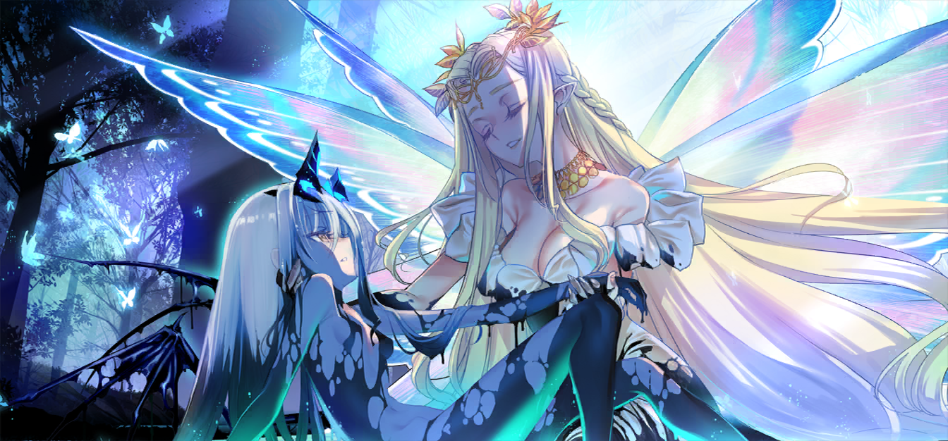 2girls artist_collaboration aurora_(fate) avalon_le_fae_(fate/grand_order) blonde_hair braid breasts broken_horns broken_wing choco_(chocolate_shop) closed_eyes dragon_girl dragon_horns dragon_wings fairy fairy_wings fate/grand_order fate_(series) forest game_cg hand_on_another's_neck head_wreath holding_another's_arm horns jewelry large_breasts long_hair looking_at_another melusine_(fate) mud multiple_girls nature necklace off_shoulder official_art outdoors pointy_ears rainbow_wings small_breasts smile support taa_(acid) tree white_hair wings yellow_eyes