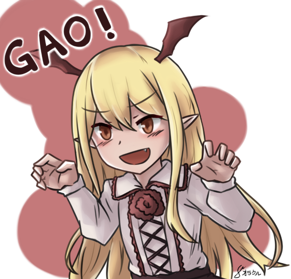 1girl :d bat_wings blonde_hair blush brown_eyes brown_wings claw_pose commentary_request fang female_focus granblue_fantasy hands_up head_wings long_hair long_sleeves open_mouth orakuru_(oracle_art) pointy_ears romaji_text shirt signature smile solo upper_body v-shaped_eyebrows vampy very_long_hair white_shirt wings