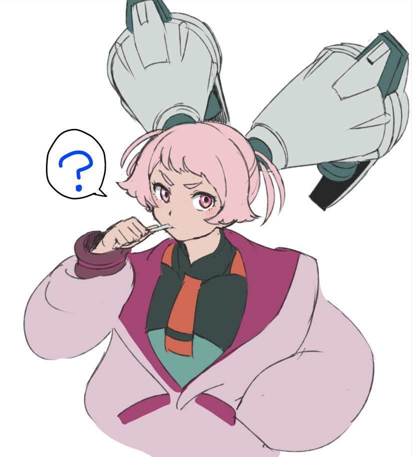 1girl ? asticassia_school_uniform chuatury_panlunch commentary_request cropped_torso green_jacket gundam gundam_0083 gundam_gp-01_full_vernian_zephyranthes gundam_suisei_no_majo hand_in_pocket holding hood hoodie jacket kin-san_(sasuraiga) long_sleeves looking_at_viewer pink_eyes pink_hair pink_hoodie puffy_long_sleeves puffy_sleeves school_uniform short_hair simple_background solo spoken_question_mark thrusters utensil_in_mouth v-shaped_eyebrows white_background