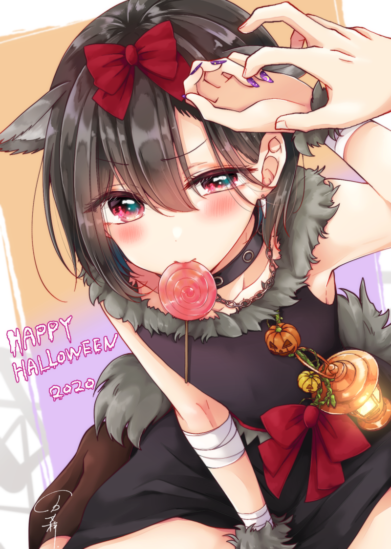 1boy 2020 animal_collar animal_ears bandaged_arm bandages banjou_azusa black_hair blush bow candy cat_ears chain closed_mouth collar crossdressing earrings food fur_collar fur_trim hair_between_eyes hair_bow halloween happy_halloween jewelry koisuru_(otome)_no_tsukurikata lantern lollipop looking_at_viewer male_focus mars_symbol hiura_mihate nail_polish pink_eyes pumpkin purple_nails red_bow red_ribbon ribbon short_hair simple_background single_earring sitting sleeveless solo swirl_lollipop trap