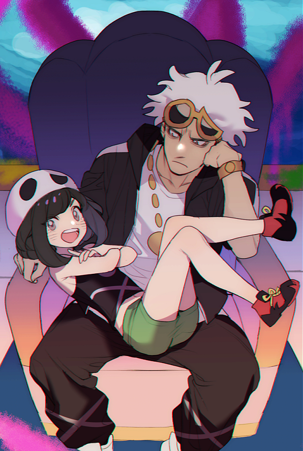 1boy 1girl alternate_costume black_eyes black_hair black_jacket black_pants black_shirt chair collarbone cosplay crossed_arms eyewear_on_head full_body green_shorts guzma_(pokemon) hand_up jacket jewelry knees_together_feet_apart legs_up looking_at_viewer looking_down lying lying_on_lap lying_on_person midriff navel necklace nintendo on_back open_mouth pants pokemon pokemon_sm red_footwear selene_(pokemon) shirt shoes short_hair short_shorts shorts sitting sleeveless sleeveless_shirt smile sunglasses team_skull team_skull_grunt team_skull_grunt_(cosplay) teeth white_footwear white_hair white_shirt wristband yellow-framed_eyewear zuizi
