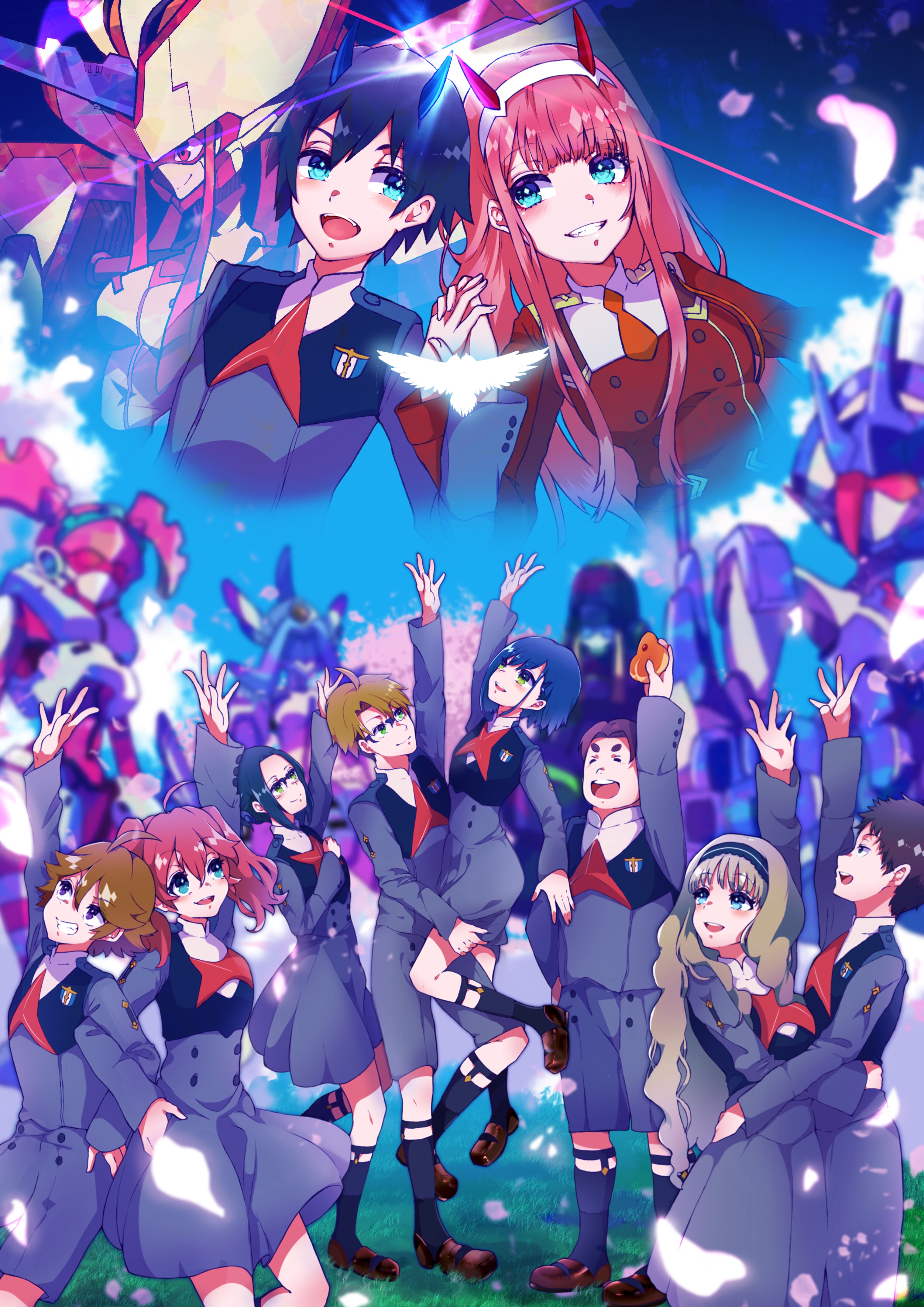 10s 5boys 5girls absurdres ahoge argentea_(darling_in_the_franxx) bird black_hair blonde_hair blue_eyes blue_hair blue_horns blue_sky blush breasts brown_footwear brown_hair cherry_blossoms chlorophytum closed_eyes cloud cloudy_sky commentary_request couple darling_in_the_franxx day delphinium_(darling_in_the_franxx) dress floating_hair flower food futoshi_(darling_in_the_franxx) genista_(darling_in_the_franxx) glasses gorou_(darling_in_the_franxx) grass green_eyes grey_dress grey_legwear grey_shirt grey_shorts hair_ornament hairband hand_on_another&#039;s_hip hand_on_another&#039;s_leg hand_on_another&#039;s_waist hand_on_own_chest hand_on_own_hip hand_on_thigh hand_up hetero highres hiro_(darling_in_the_franxx) holding holding_food holding_hands holding_leg horns hug ichigo_(darling_in_the_franxx) ikuno_(darling_in_the_franxx) interlocked_fingers kokoro_(darling_in_the_franxx) light_brown_hair locked_arms long_hair long_sleeves looking_up mecha medium_breasts miku_(darling_in_the_franxx) military military_uniform mitsuru_(darling_in_the_franxx) multiple_boys multiple_girls necktie oni_horns orange_neckwear petals pink_hair ponytail purple_eyes purple_hair purple_hairband red_dress red_hair red_horns red_neckwear robot shirt shoes short_hair shorts sky small_breasts socks strelizia thick_eyebrows thighs tree twintails white_hairband yoshi2_oide zero_two_(darling_in_the_franxx) zorome_(darling_in_the_franxx)