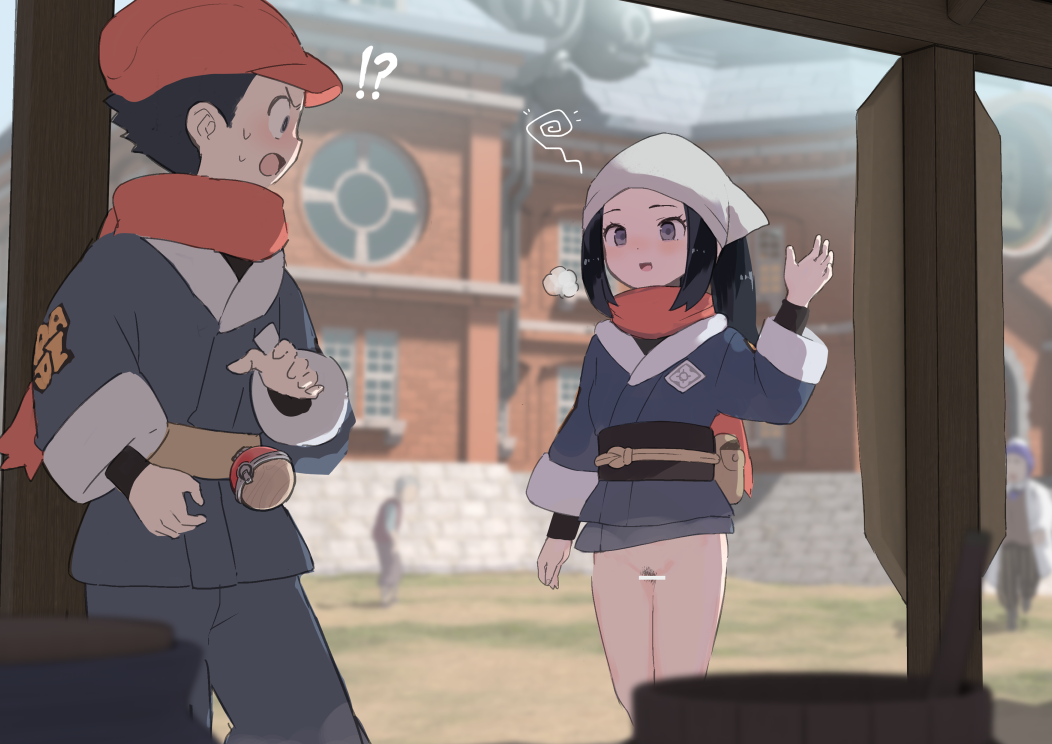 !? 1girl 3boys akari_(pokemon) bandana bar_censor black_hair blush bottomless censored exhibitionism female_pubic_hair hat headscarf japanese_clothes laventon_(pokemon) long_hair mind_control multiple_boys nintendo outdoors poke_ball pokemon pokemon_legends:_arceus pouch pubic_hair public_indecency purple_eyes rei_(pokemon) samidare_(hoshi) sash scarf sweatdrop white_headscarf