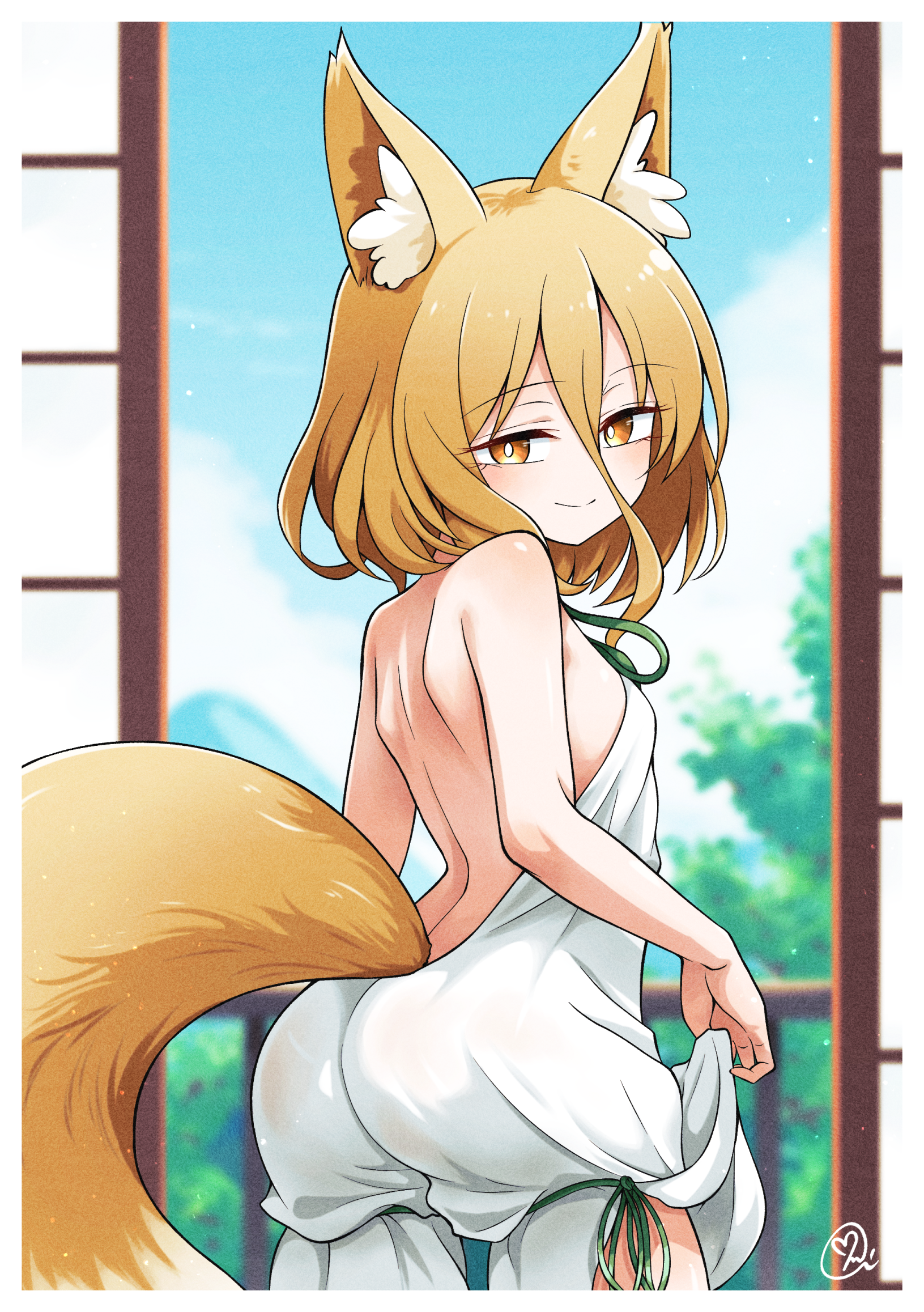 1girl animal_ear_fluff animal_ears ass back bare_shoulders blonde_hair blue_sky blush breasts clothes_lift cloud day fox_ears fox_girl fox_tail green_ribbon hair_between_eyes highres indoors kudamaki_tsukasa looking_at_viewer looking_back outdoors ribbon romper scavia10 short_hair sideboob sky sliding_doors small_breasts solo tail touhou tree two-tone_tail white_romper yellow_eyes