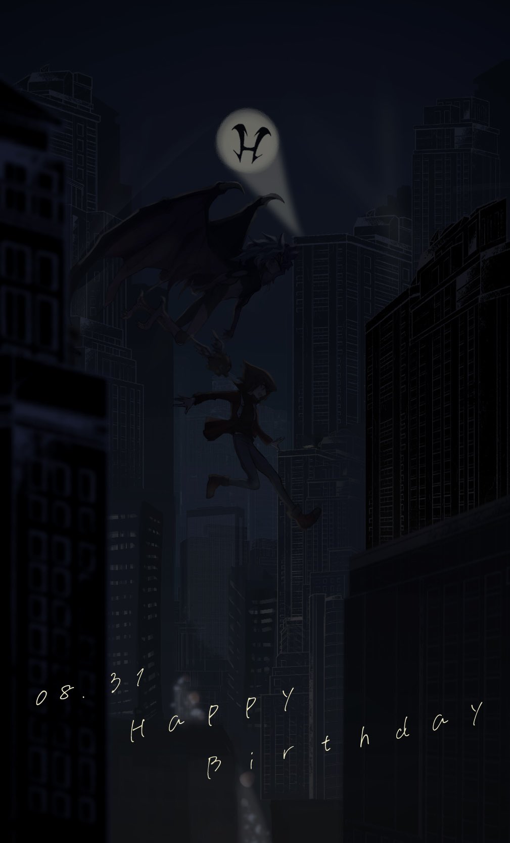 1boy 1girl body_fur brown_hair building cityscape dark_background dated duel_academy_uniform_(yu-gi-oh!_gx) happy_birthday hero_signal highres jacket night open_clothes open_jacket red_jacket skyscraper srhdkn winged_kuriboh wings yu-gi-oh! yu-gi-oh!_gx yubel yuki_judai