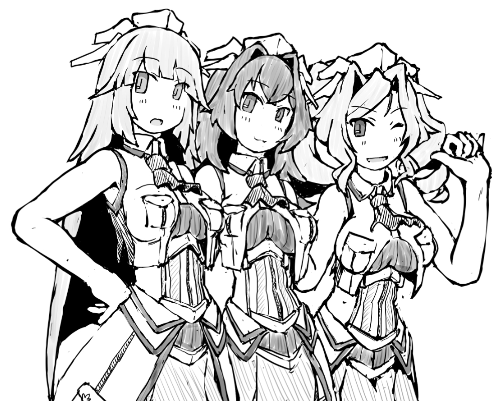 3girls ascot breasts brooklyn_(kancolle) commentary_request cowboy_shot greyscale hair_intakes headgear honolulu_(kancolle) kantai_collection looking_at_viewer matching_outfits medium_breasts monochrome multiple_girls one_eye_closed overskirt phoenix_(kancolle) sleeveless sleeveless_jacket task_(s_task80)
