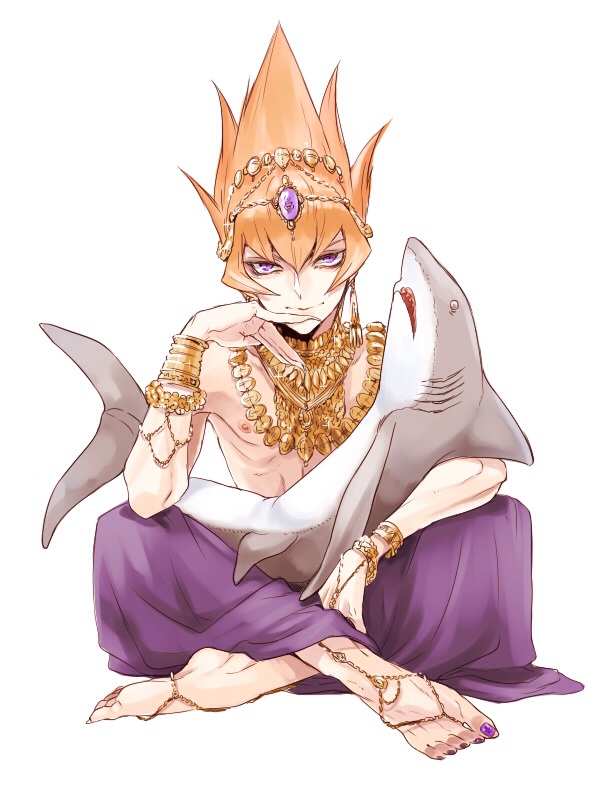 1boy jewelry lots_of_jewelry male_focus nail_polish orange_hair prince purple_eyes shark shingetsu_rei smile solo toenails vector_(yu-gi-oh!) yu-gi-oh!