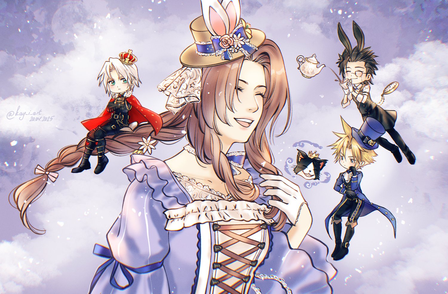 1girl 3boys aerith_gainsborough aerith_gainsborough_(classic_coney) animal_ears aqua_eyes black_fur black_gloves black_hair black_hat black_pants blonde_hair blue_choker blue_coat blue_dress braid braided_ponytail breasts brown_hair butler cait_sith_(final_fantasy) cape chibi choker closed_eyes cloud_strife coat crossed_arms crown cup dated dress final_fantasy final_fantasy_vii final_fantasy_vii_ever_crisis flower full_body gloves gold_trim grey_hair hair_between_eyes hair_flower hair_ornament hair_slicked_back half_gloves hand_on_own_chest hat holding holding_cup kay-i long_hair long_sleeves medium_breasts mini_crown mini_hat monocle multiple_boys official_alternate_costume open_mouth pants parted_bangs pocket_watch puffy_long_sleeves puffy_sleeves rabbit_ears red_cape ribbon_choker sephiroth sephiroth_(ever_crisis) sephiroth_(shinra_formal_uniform) short_hair sidelocks single_braid smile spiked_hair teacup teapot top_hat tuxedo_cat twitter_username two-tone_fur upper_body watch white_fur white_gloves zack_fair zack_fair_(bunny_butler)
