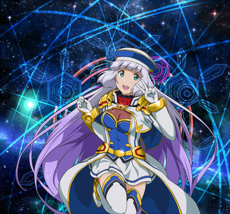 1girl aqua_eyes arms_up blue_hat breasts capelet cleavage clenched_hand dress gloves gradient_hair grey_hair gundam gundam_exa hat hat_ribbon long_hair looking_at_viewer magic_circle morioka_yasuto multicolored_hair official_art open_mouth purple_hair ribbon see-through_cleavage see-through_clothes skirt smile solo space standing standing_on_one_leg sthesia_awar teeth thighhighs upper_teeth_only v v_over_eye white_capelet white_dress white_gloves white_hat white_skirt white_thighhighs yellow_trim