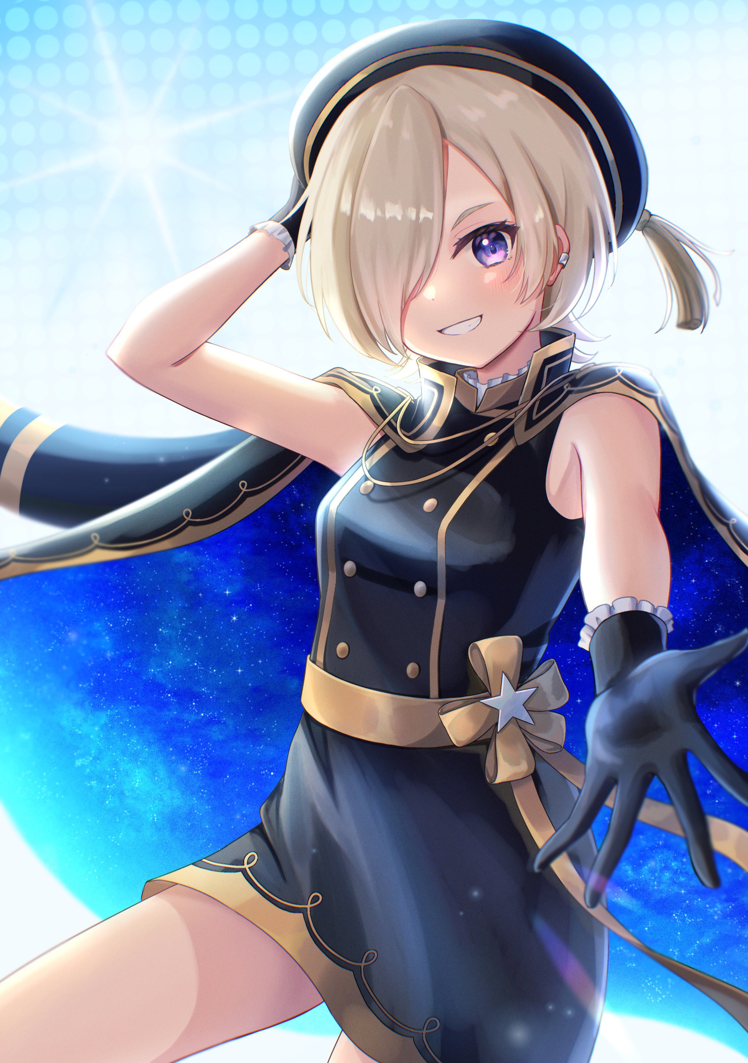 1girl :d absurdres arm_up armpit_crease beret black_cape black_dress black_gloves black_hat blonde_hair blue_background cape commentary commentary_typo cowboy_shot dress english_commentary frilled_gloves frills gloves grin hair_over_one_eye hat highres looking_at_viewer love_live! love_live!_nijigasaki_high_school_idol_club mia_taylor official_alternate_costume one_eye_covered open_mouth purple_eyes ritaso short_dress short_hair sleeveless sleeveless_dress smile solo stars_we_chase_(love_live!)