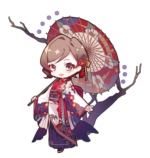 1girl blue_skirt branch brown_eyes brown_hair chibi commentary floral_print flower full_body hair_flower hair_ornament holding holding_umbrella japanese_clothes kimono long_skirt looking_at_viewer mamenomoto meiko_(vocaloid) obi oil-paper_umbrella open_mouth pleated_skirt red_flower sandals sash skirt smile solo standing tree umbrella vocaloid white_background white_kimono wide_sleeves zouri
