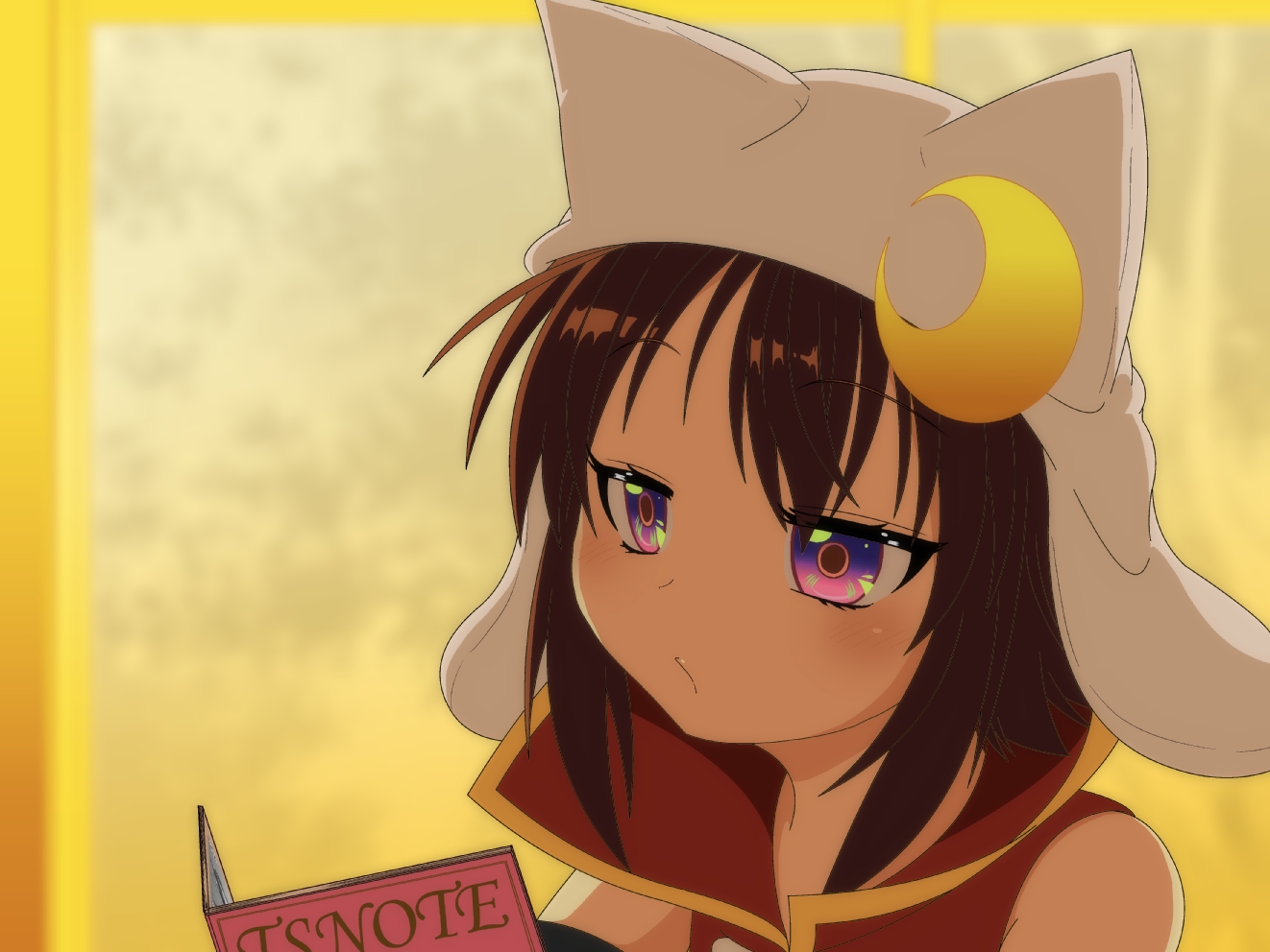1girl book commentary_request crescent crescent_hat_ornament hat hat_ornament holding holding_book mikazuki_neko mikazuki_neko_(character) original portrait raised_eyebrows reading solo white_hat yellow_background