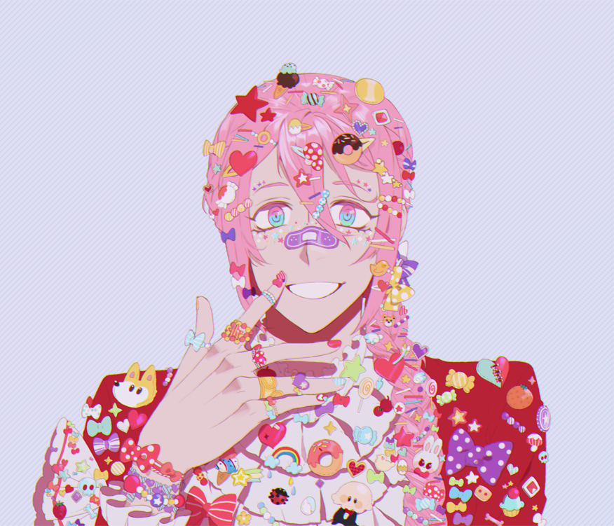 1boy bandaid bandaid_on_face bandaid_on_finger bandaid_on_nose blue_eyes bracelet candy_hair_ornament classicaloid commentary donut_hair_ornament duck_hair_ornament eyelashes facial_mark food-themed_hair_ornament gradient_eyes hair_between_eyes hair_ornament hairclip heart heart_hair_ornament ice_cream_hair_ornament jewelry lollipop_hair_ornament long_hair looking_at_viewer male_focus multicolored_eyes multicolored_nails multiple_bracelets multiple_rings mushroom_hair_ornament nail_polish red_shirt ring ringed_eyes sf_jd shirt solo star_(symbol) star_facial_mark star_hair_ornament symbol-only_commentary too_many_hair_ornaments upper_body wing_hair_ornament wolfgang_amadeus_mozart_(classicaloid) wrist_bow