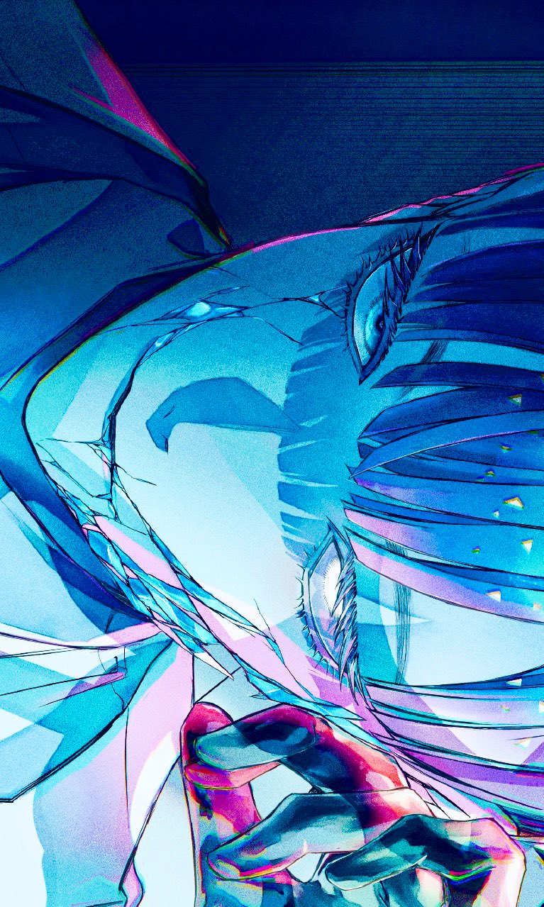 1other androgynous blue_hair bowl_cut close-up cracked_skin crystal_hair gem_uniform_(houseki_no_kuni) gloves glowing glowing_eye heterochromia highres houseki_no_kuni mt5_014 multicolored_hair other_focus phosphophyllite_(gemstone) phosphophyllite_(ll) portrait short_hair solo streaked_hair