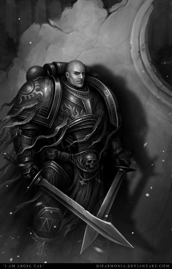 1boy argel_tal armor artist_name bald deviantart_username dual_wielding greyscale holding holding_sword holding_weapon imperium_of_man looking_at_viewer monochrome ornate ornate_armor pauldrons power_armor purity_seal shoulder_armor silhouette skull skull_ornament solo space_marine sword twin_blades veronica_anrathi warhammer_40k watermark weapon web_address word_bearers