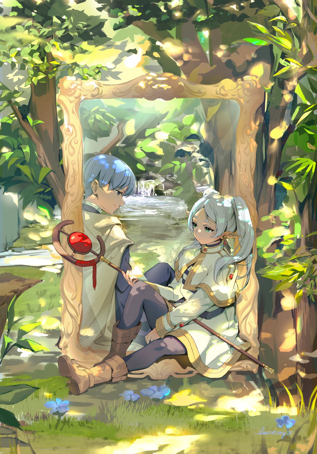 1boy 1girl blue_eyes blue_hair blue_tunic boots brown_boots capelet cloak elf flower frieren grass green_eyes highres himmel_(sousou_no_frieren) holding holding_staff lucidsky mage_staff mirror outdoors parted_bangs pointy_ears reflection shirt sitting sousou_no_frieren staff striped_clothes striped_shirt thick_eyebrows tree tunic twintails white_capelet white_cloak white_hair