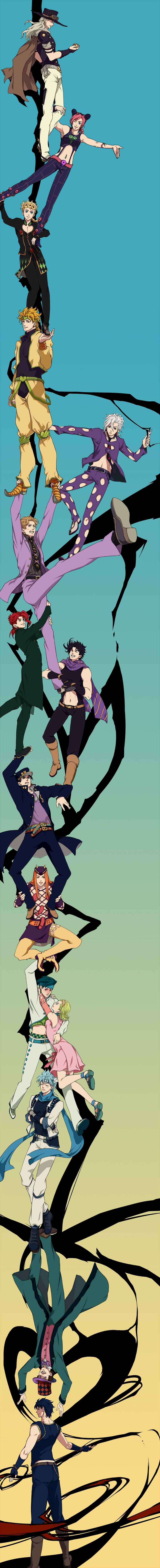 2girls 6+boys absurdres armband armpits bad_id bad_pixiv_id belt black_hair blonde_hair blue_eyes blush boots bow bowtie braid caesar_anthonio_zeppeli cape dio_brando double_bun dress durarara!! earrings everyone fishnets fork formal_clothes fugo_pannacotta gakuran giorno_giovanna gloves green_eyes green_hair grey_hair grin gyro_zeppeli hair_bun hairband haruomi hat headband heart highres jewelry jojo_no_kimyou_na_bouken jonathan_joestar joseph_joestar joseph_joestar_(young) kakyoin_noriaki kira_yoshikage kishibe_rohan kuujou_jolyne kuujou_joutarou long_coat long_hair long_image midriff multicolored_hair multiple_boys multiple_girls narciso_anasui navel navel_piercing necktie neopara one_eye_closed orange_hair pannacotta_fugo parody piercing pink_hair ponytail purple_eyes purple_hair red_eyes red_hair scarf school_uniform short_dress sleeveless smile spurs steel_ball_run sugimoto_reimi suit tall_image thigh_boots thighhighs time_paradox top_hat traditional_bowtie trust_me_(durarara!!) two-tone_hair vento_aureo white_hair will_anthonio_zeppeli wink wristband yellow_eyes