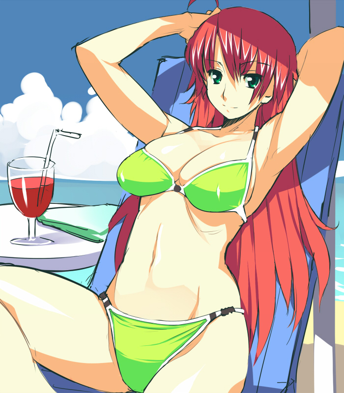 1girl arm_behind_head armpits arms_up bikini blue_sky breasts cloud cloudy_sky cropped_legs day drink female_focus green_bikini green_eyes groin hair_between_eyes hand_on_head long_hair looking_at_viewer medium_breasts navel original outdoors reclining red_hair ryuuta ryuuta_(msxtr) sitting skindentation sky solo swimsuit table water