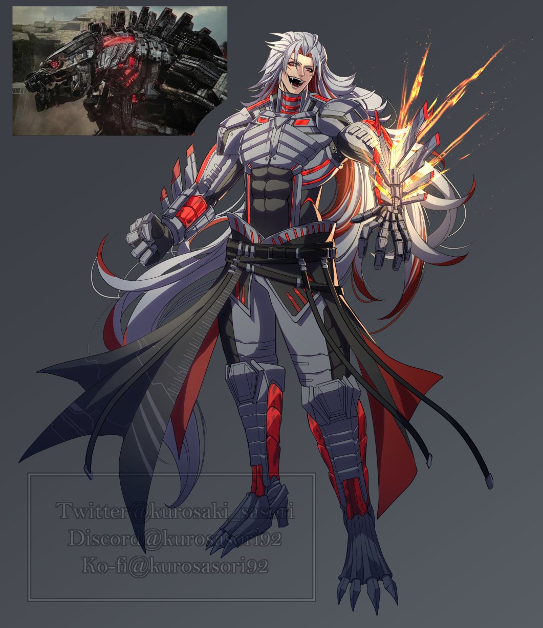 1boy capelet clenched_hand creature_and_personification glowing glowing_eyes godzilla godzilla_(series) godzilla_vs._kong grey_hair highres king_kong_(series) kurosaki_sasori legendary_pictures mechagodzilla mechagodzilla_(monsterverse) molten_metal monsterverse multicolored_hair open_hand open_mouth personification red_eyes red_hair sharp_teeth teeth toho