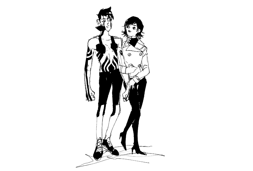 1boy 1girl body_markings coat demi-fiend full-body_tattoo full_body greyscale high_heels horns jacket locked_arms monochrome nejikoujyouo pants shin_megami_tensei shin_megami_tensei_iii:_nocturne shoes short_hair shorts single_horn sketch sneakers takao_yuko tattoo teacher_and_student topless_male turtleneck white_background