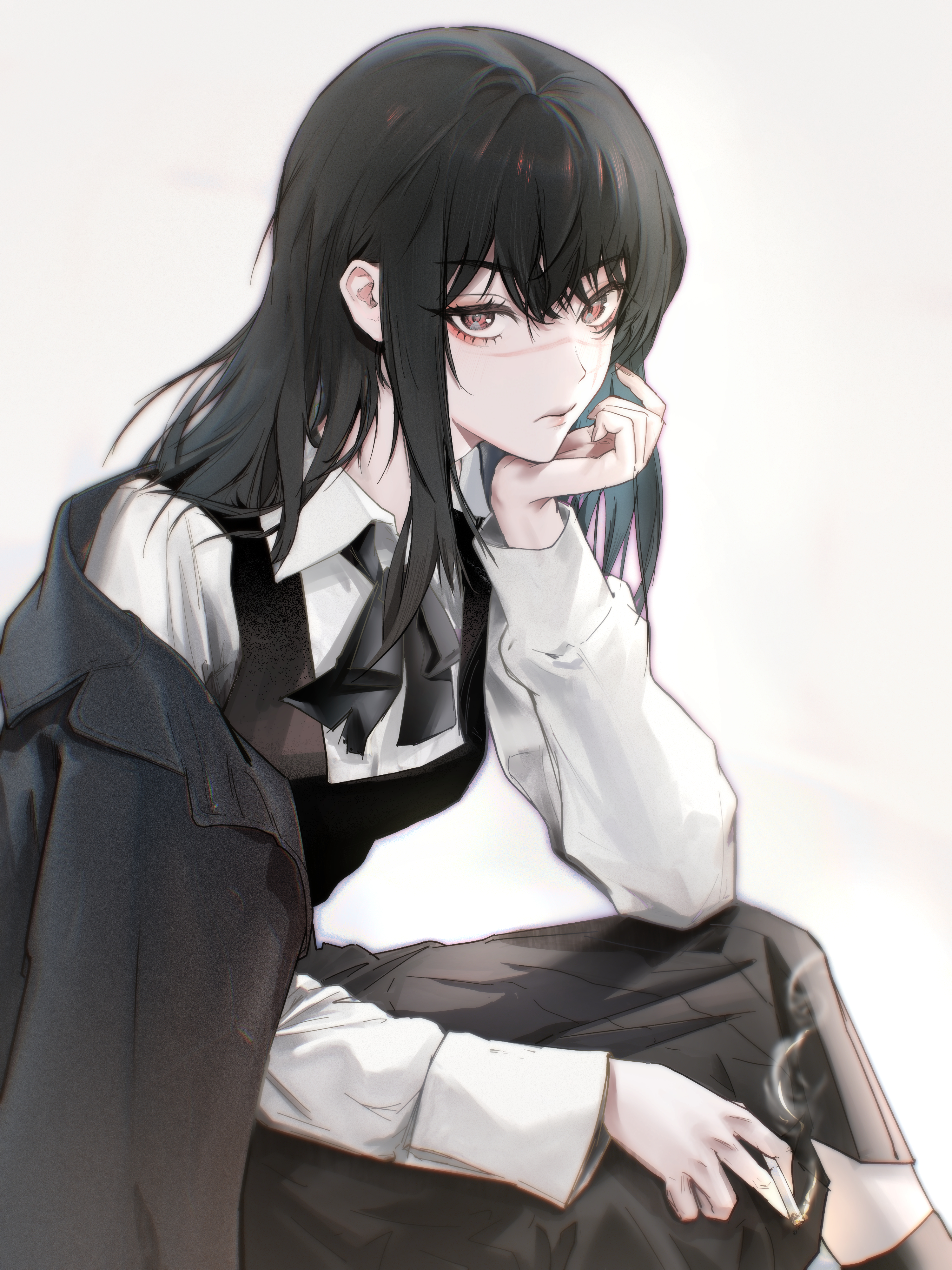 1girl absurdres black_coat black_dress black_hair brown_eyes chainsaw_man cigarette coat dress fourth_east_high_school_uniform hand_on_own_chin highres holding holding_cigarette ivdimension long_hair long_sleeves looking_at_viewer pinafore_dress scar scar_on_face scar_on_nose school_uniform shirt sleeveless sleeveless_dress smoke solo white_background white_shirt
